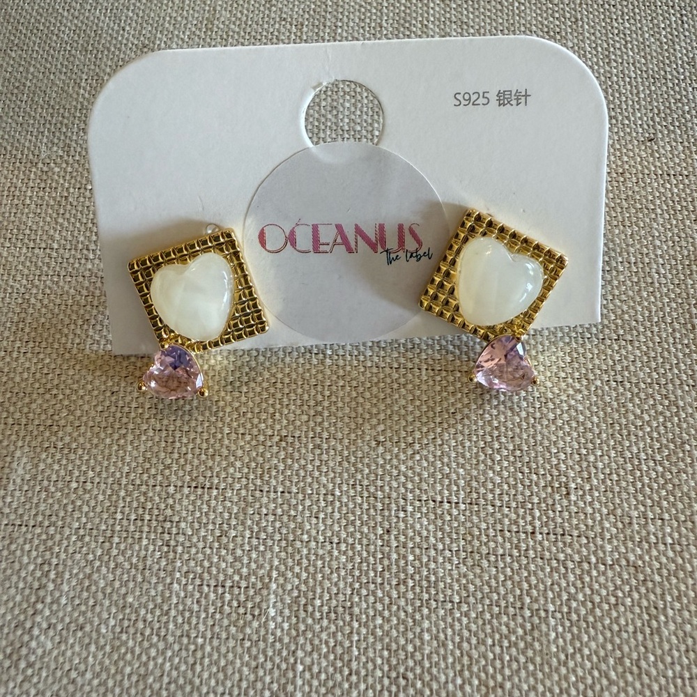 Oceanus Gold Tone Heart & Pink Crystal Earrings S925 Posts